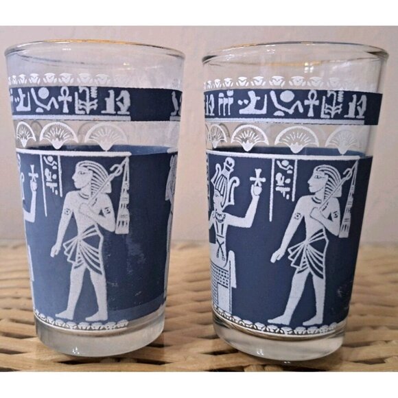 Hazel Atlas Vintage Set of 2 MCM Egyptian Wedgewood Blue Glasses 5 oz.  FLAW - Picture 3 of 7